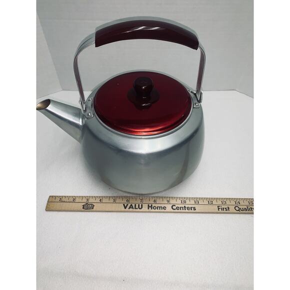 Aluminum Tea Kettle with Red Lid and Handle -Camel Farmhouse Chic ! Gallon GUC - Picture 13 of 13